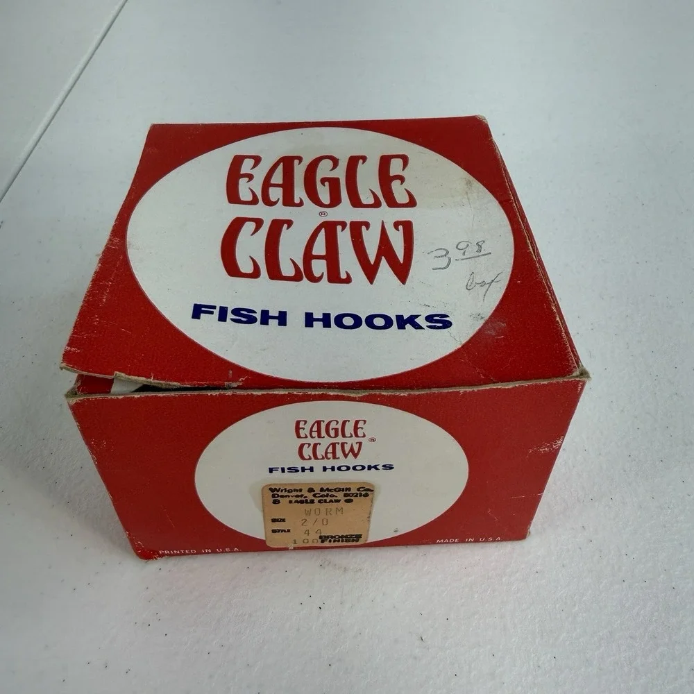Vintage Eagle Claw‎ Fish Hooks Bronze Finish Original Box 100 Count Size 2/0 USA